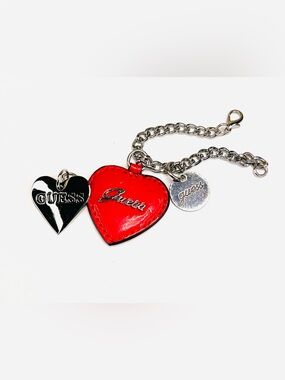 GUESS Purse Bag Charm Genuine Stitched Leather Padded Heart Set of 3 with Chain